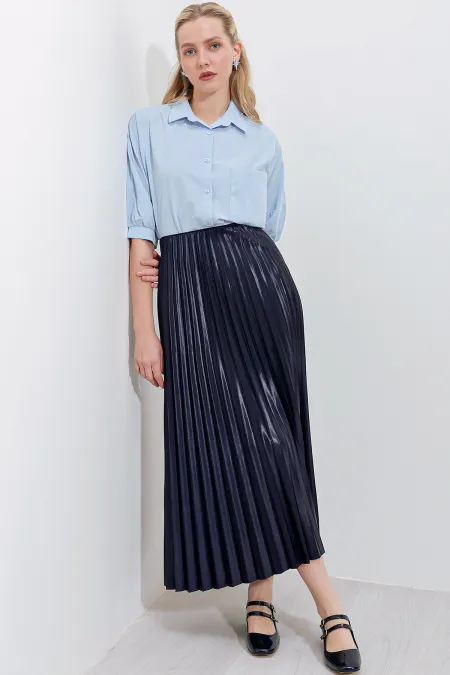 Jupe plissée aspect cuir 8009 - Bleu marine