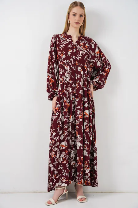 Women's Patterned Long Hijab Dress 2585 - Z.Bordeaux