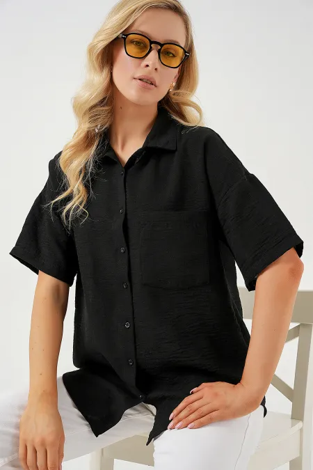 Chemise à manches courtes pour femme, aspect lin, référence 20336 - Noire