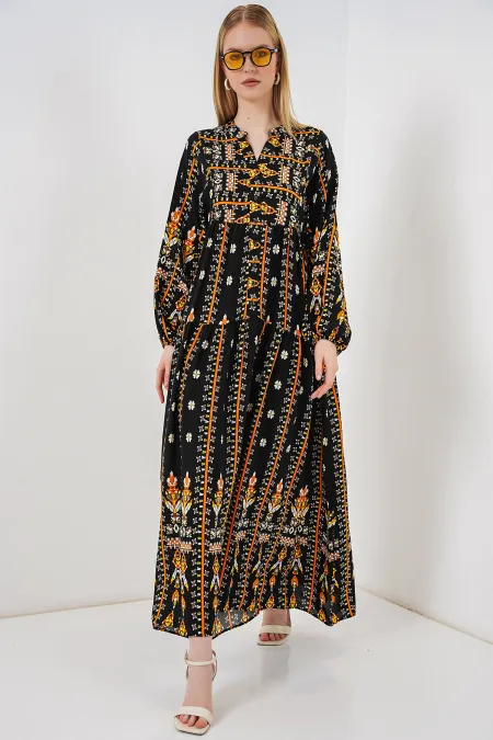 Women's Patterned Long Hijab Dress 2585 - N. Black