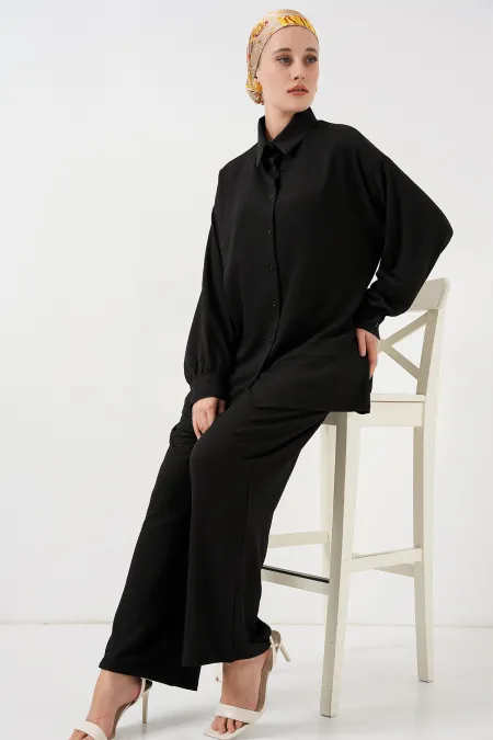 Women's Knitted Hijab Top and Bottom Set 6711 - Black