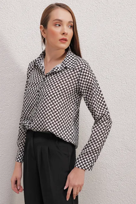 3964 Hafif Dökümlü Saten Gömlek - Y.Beyaz