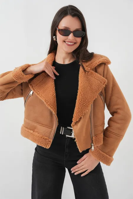 Veste croisée en similicuir et fausse fourrure 5155 - Marron foncé