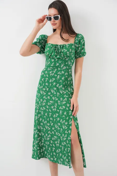 2387 Slit Detail Dress - Emerald Green
