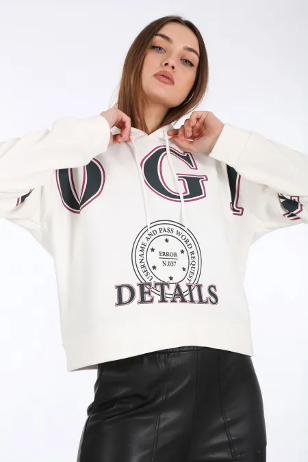 4258 Hooded Sweatshirt with Printed Front - White