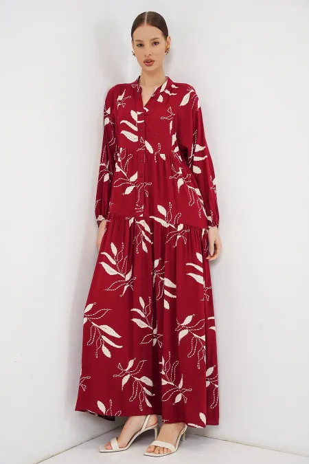 Robe longue hijab à motifs pour femme 2585 - Bordeaux