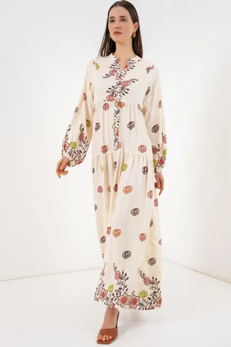 Women's Patterned Long Hijab Dress 2585 - Terracotta