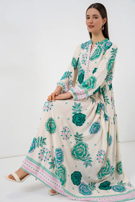 Women's Patterned Long Hijab Dress 2585 - Green 1