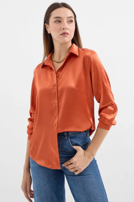 3964 Hafif Dökümlü Saten Gömlek - Turuncu
