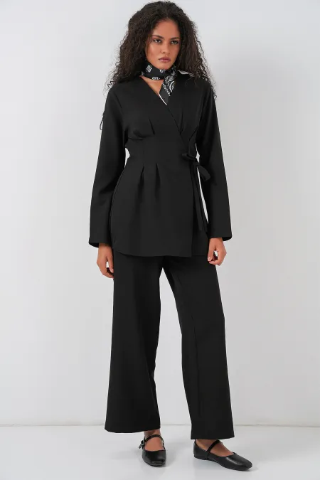 Kadın Kimono Pantolon Kumaş Takım 30054 - Siyah
