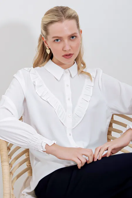 Chemise à manches longues à volants 20223 - Blanche