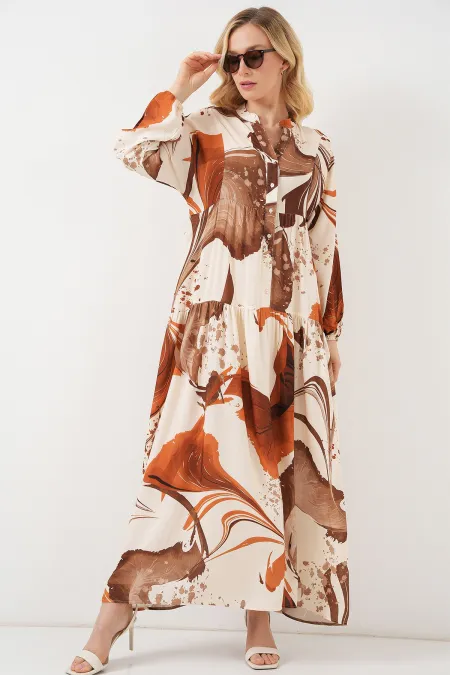 Women's Patterned Long Hijab Dress 2585 - Brown