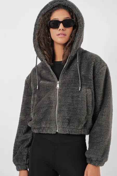 5193 Hooded Plush Crop Jacket - Anthracite