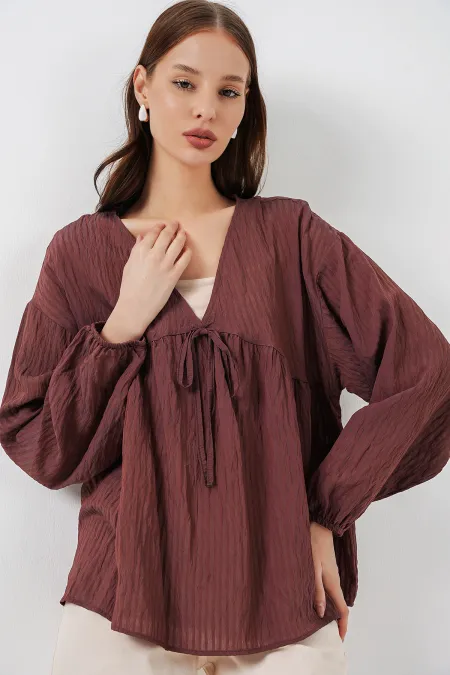 Chemisier à manches longues et laçage sur le devant pour femme 946 - Marron