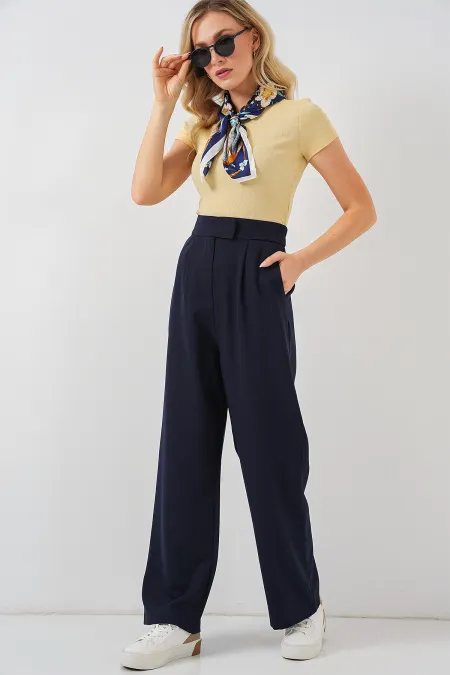 6612 High Waist Fabric Trousers - Navy Blue