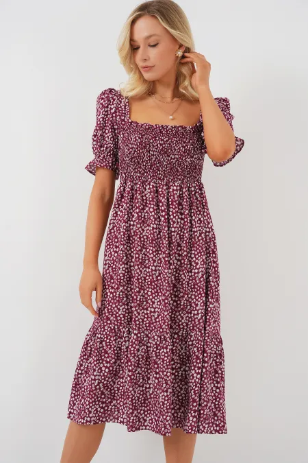 Robe fleurie à manches courtes pour femme 2556 - Bordeaux