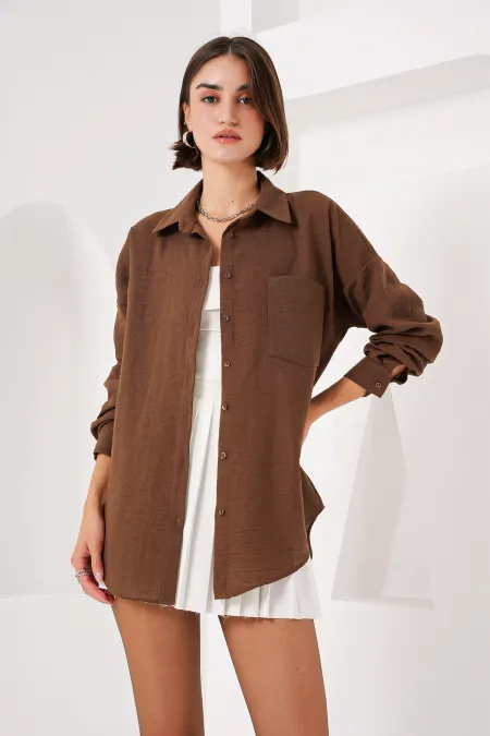 20153 Single Pocket Oversized Linen Shirt - Light Brown