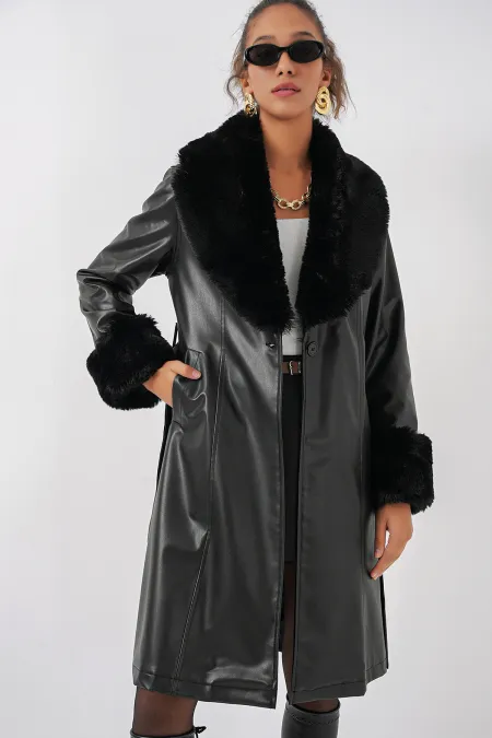 1045 Faux Leather Fur Coat - Black