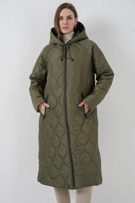 5177 Hooded Long Quilted Coat - Khaki 5177 Hooded Long Quilted Coat - Khaki