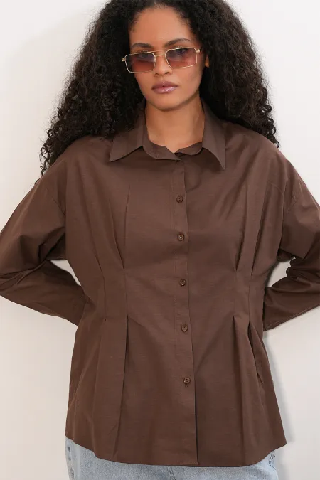 Women's Waist-Fit Poplin Shirt 20384 - Brown Women's Waist-Fit Poplin Shirt 20384 - Brown