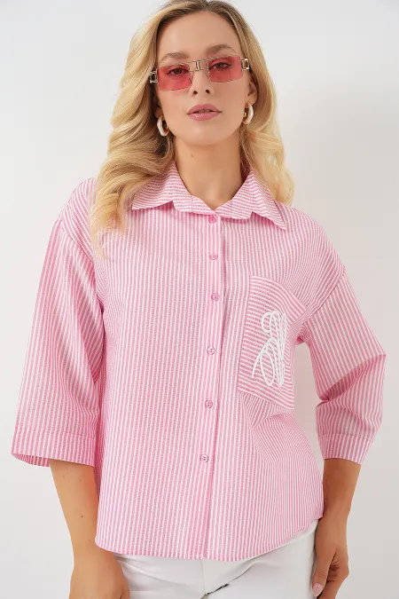 Chemise brodée à poche unique pour femme 20328 - Rose