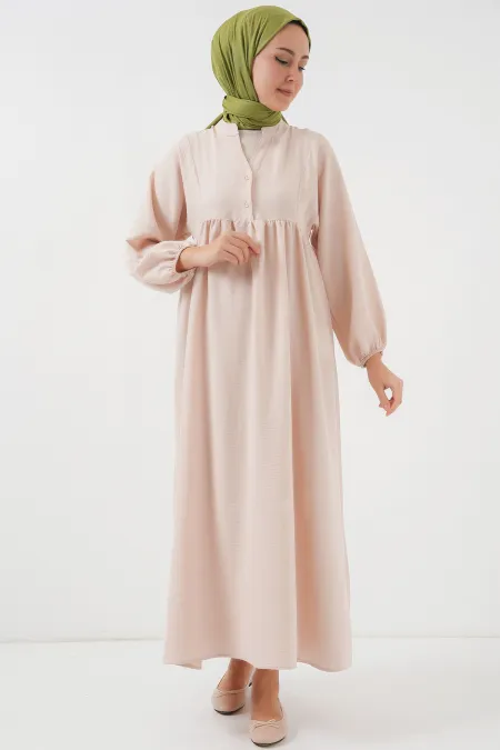 Kadın Uzun Tesettür Elbise 2525 - Krem