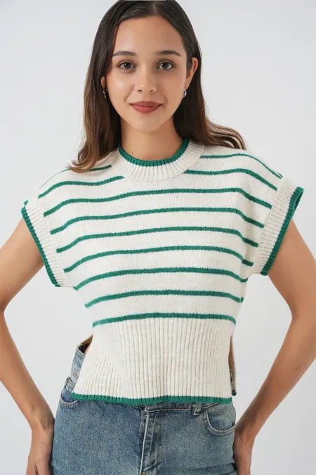 Kadın Çizgili Triko Süveter 15926 - Zümrüt Yeşili