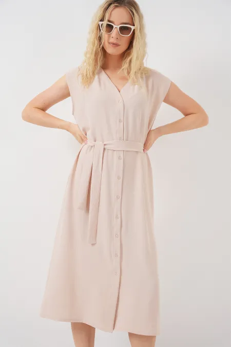 Women's Zero Sleeve Belted Ayrobin Dress 2568 - Cream