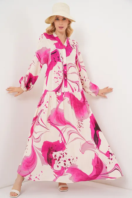 Women's Patterned Long Hijab Dress 2585 - Fuchsia