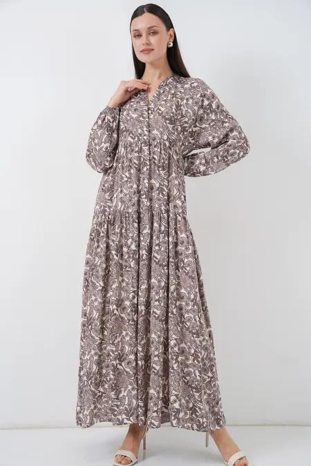 Women's Patterned Long Hijab Dress 2585 - Dark Brown
