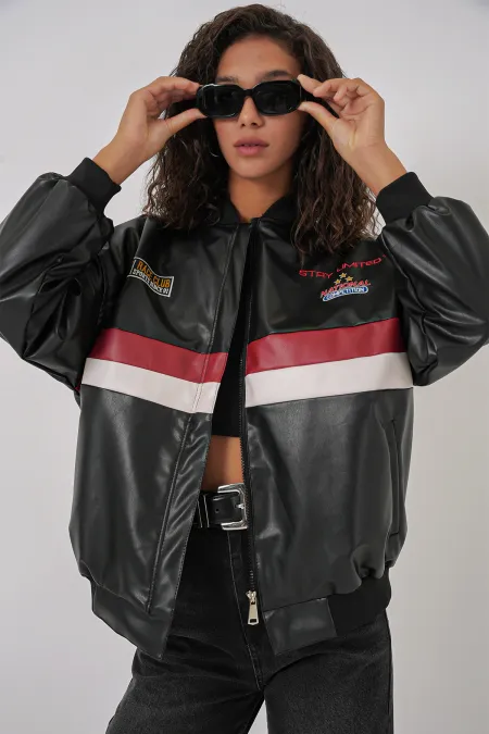 0698 Printed Faux Leather Bomber Jacket - Black