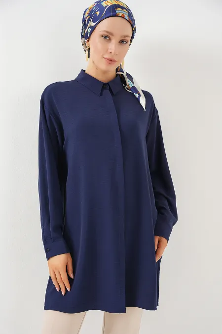 Women's Long Shirt Tunic 5945 - Navy Blue Women's Long Shirt Tunic 5945 - Navy Blue