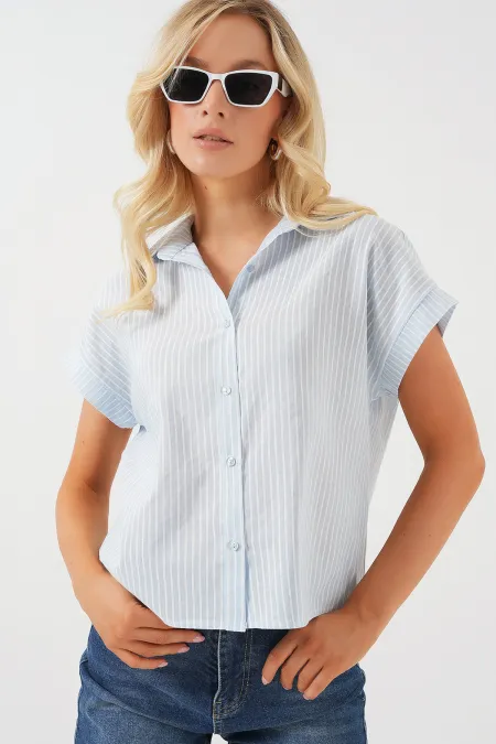 Chemise rayée à manches courtes pour femme 20324 - Bleu clair