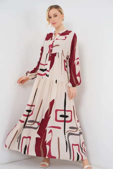 Women's Patterned Long Hijab Dress 2585 - M. Cream