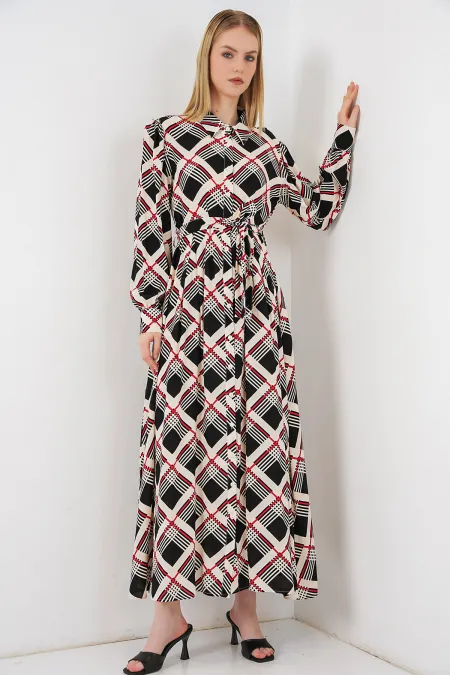 Kadın Boydan Düğmeli Uzun Tesettür Elbise 2588 - Siyah - Bej