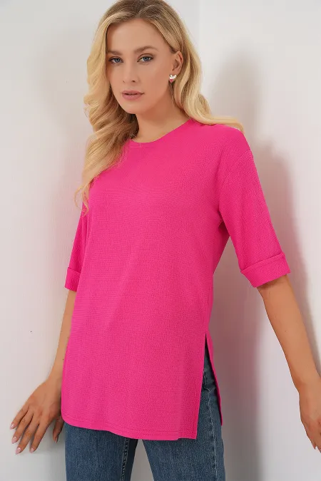 T-shirt en maille fendue sur le côté 4332 - Fuchsia