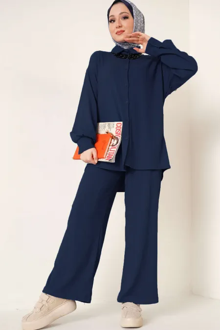 Ensemble hijab tricoté deux pièces T5858 - Bleu marine foncé