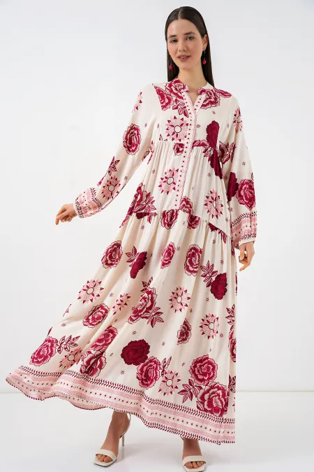 Women's Patterned Long Hijab Dress 2585 - Burgundy 1