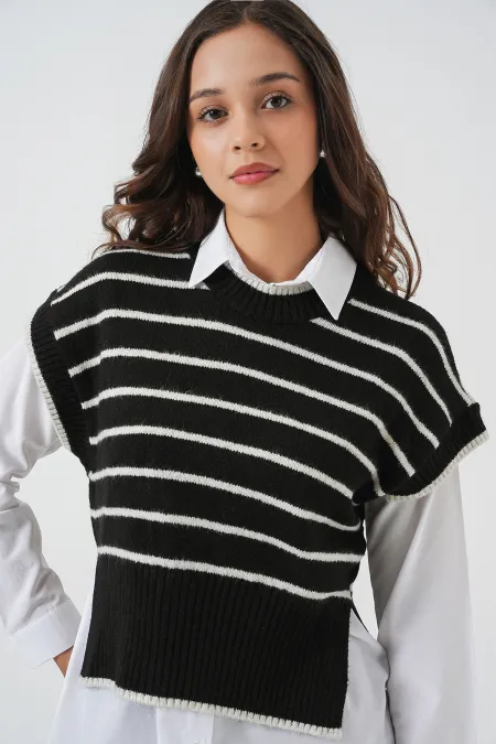 Kadın Çizgili Triko Süveter 15926 - Siyah