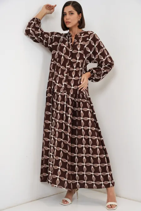 Robe longue hijab à motifs pour femme 2585 - Marron foncé