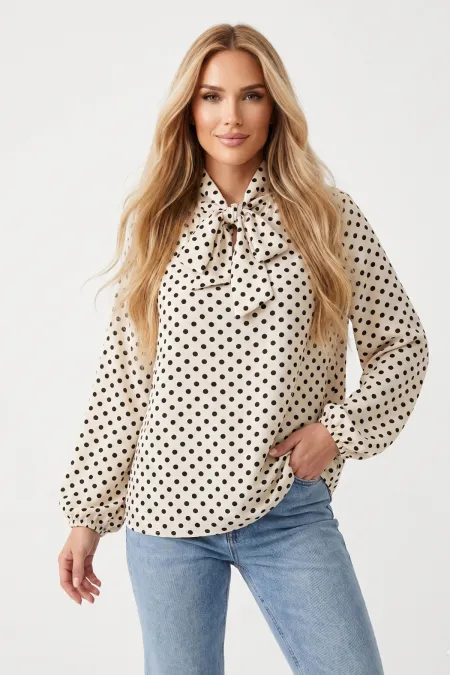 Women's Polka Dot Scarf Collar Blouse 40007 - Cream