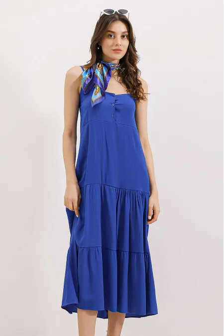 2403 Askılı Midi Elbise - Saks