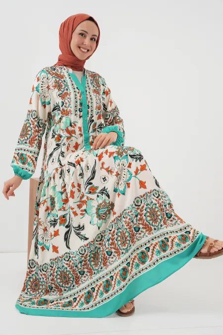 2423 Authentic Patterned Hijab Dress - Green 2