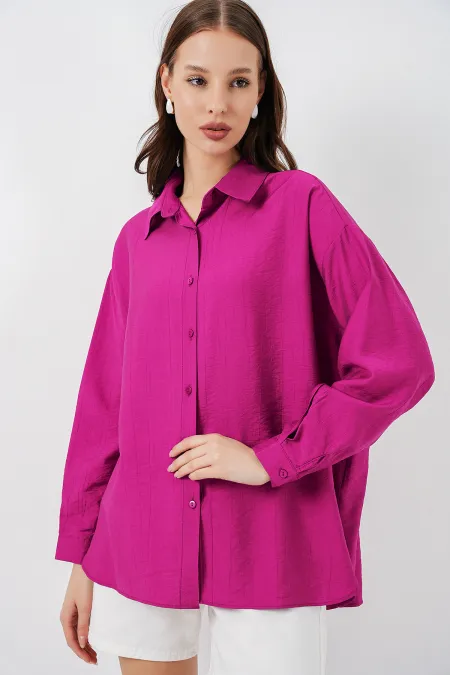 Kadın Uzun Oversize Gömlek 20334 - Koyu Pembe
