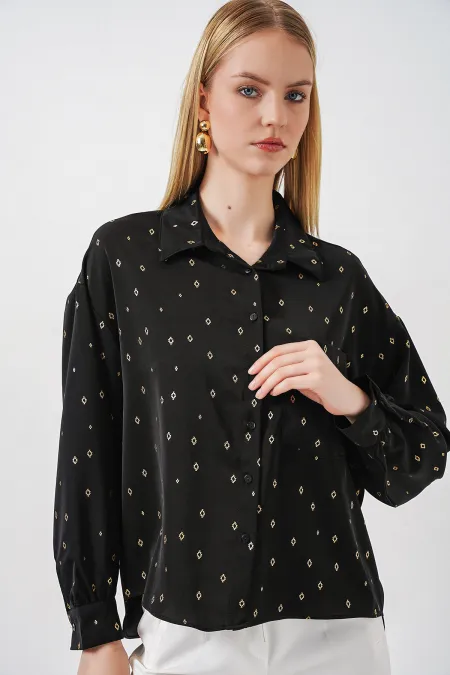 Women's Patterned Oversize Shirt 20361 - Black
