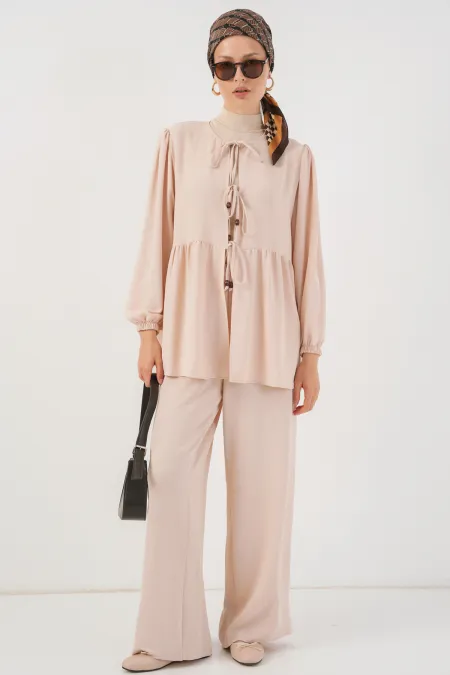 Kadın Önü Bağcıklı Tunik Pantolon İkili Takım 6744 - Krem