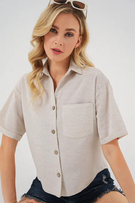Chemise courte effet lin pour femme 20339 - Crème