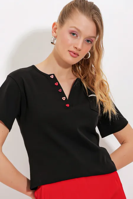 Women's Black Button Detailed Short Sleeve T-Shirt 903 Women's Black Button Detailed Short Sleeve T-Shirt 903