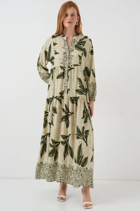 Women's Patterned Long Hijab Dress 2585 - E.Green