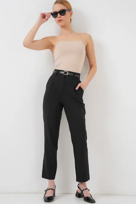 Pantalon plissé à ceinture pour femme 6725 - Noir